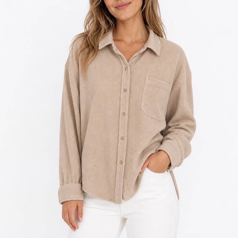 Wishlist Apparel Shirt Jacket Womens S/M Oversized Tan Corduroy Button-Down EX